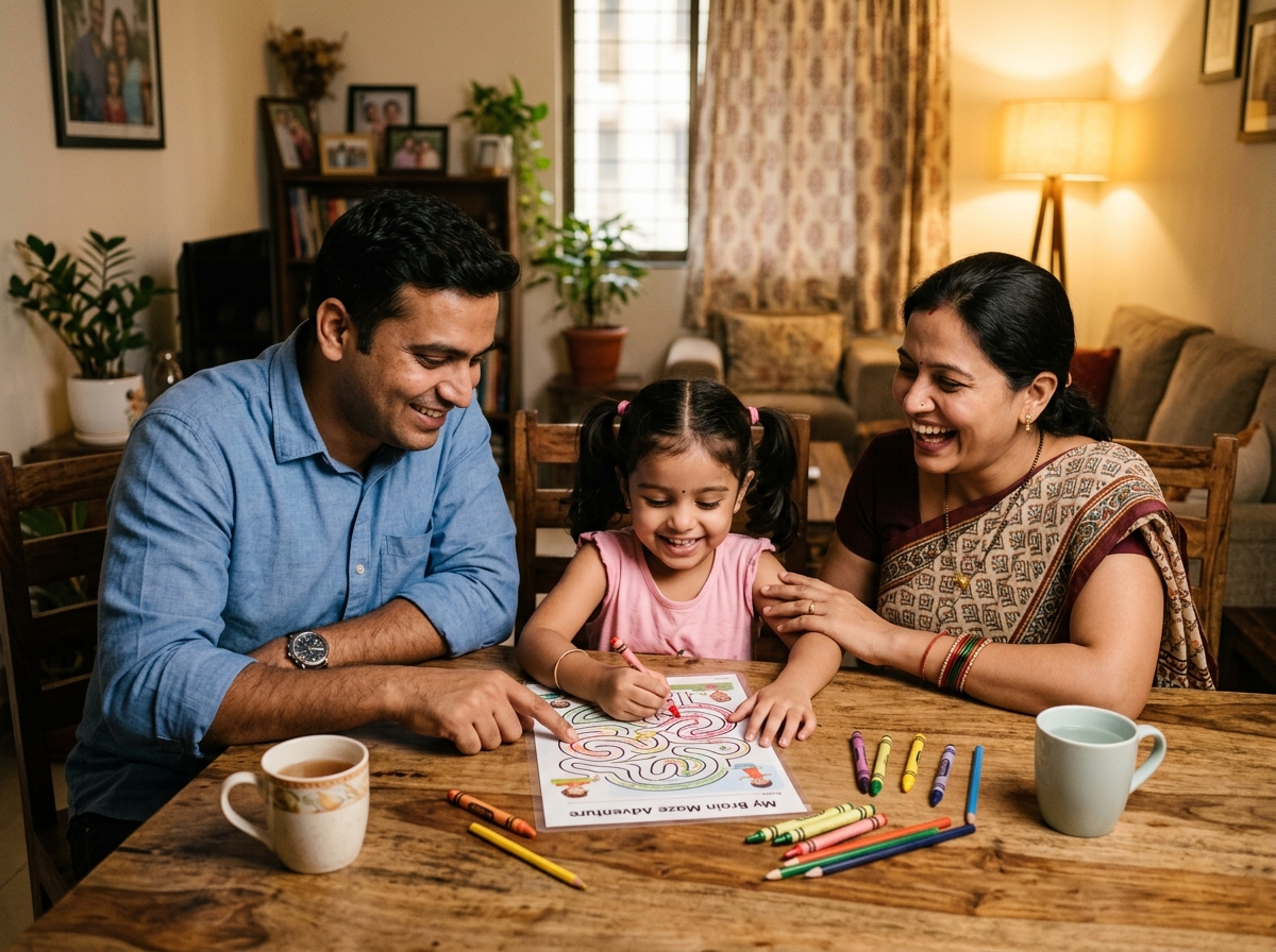 Indian parents and child laughing together solving brain maze worksheet
