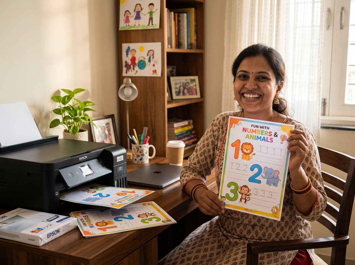Mother happily reprinting child's favorite activity sheet from home printer