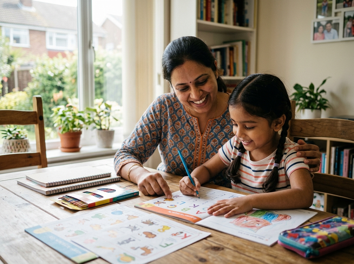 Mother and child happily doing printed worksheets together