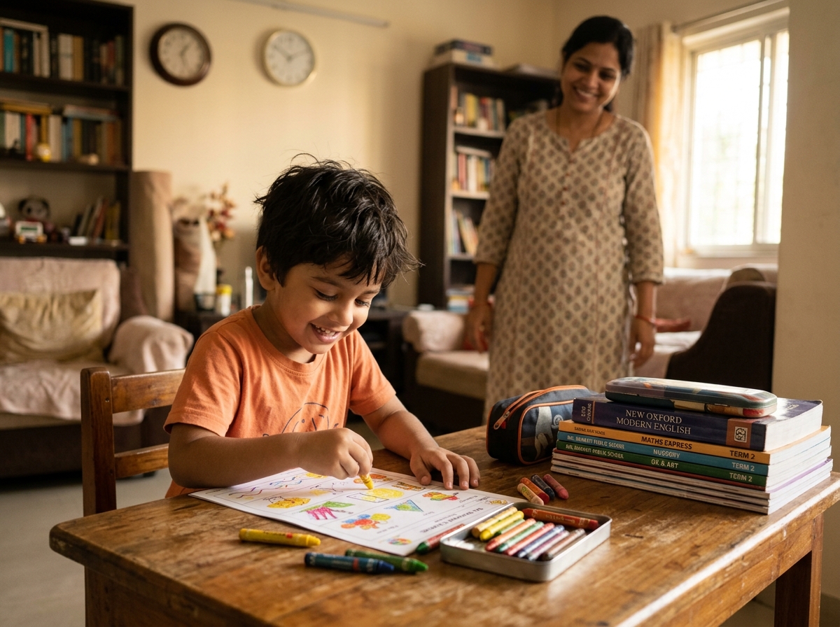 Child happily coloring printed worksheets while school books stay clean and safe