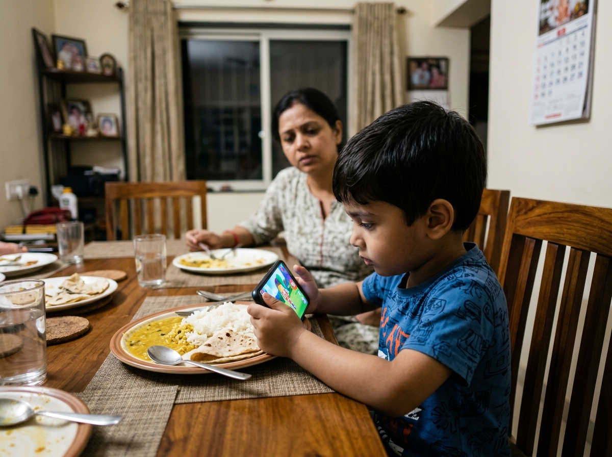 Child glued to smartphone crying at dining table
