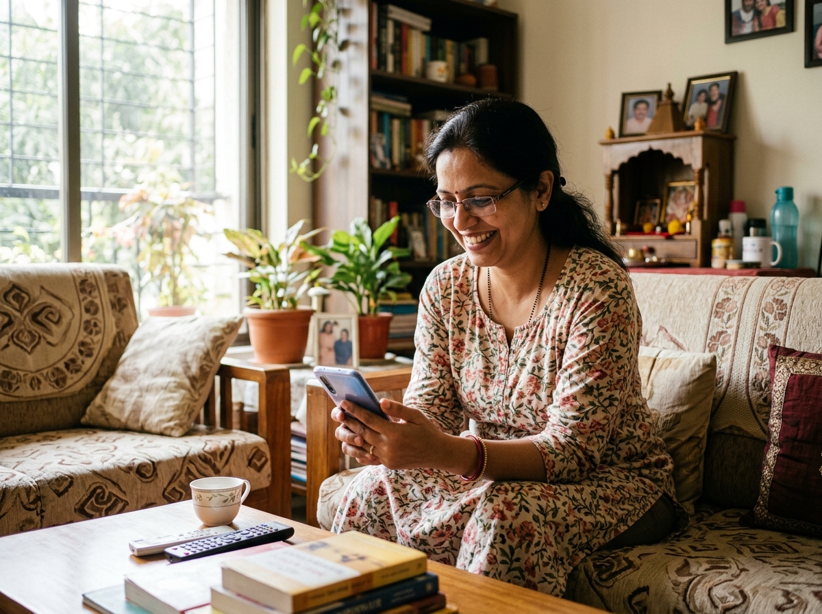 Mother happily viewing instant digital PDF download on smartphone