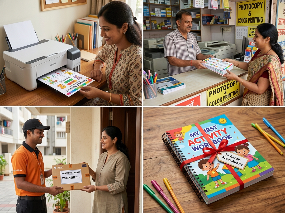 4 easy printing options: Home printer, local Xerox shop, Blinkit 10-min delivery, and spiral-bound gift set