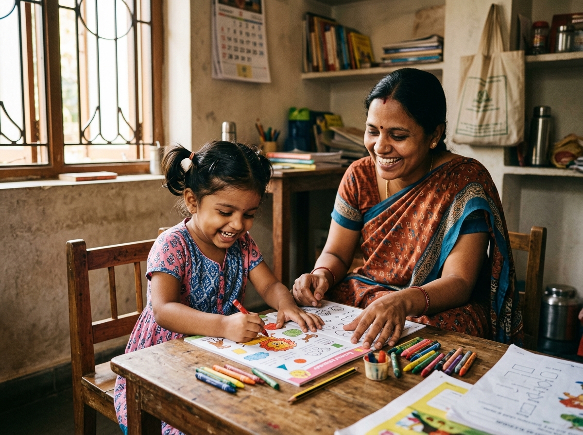 Mother and child joyfully coloring worksheets with crayons together