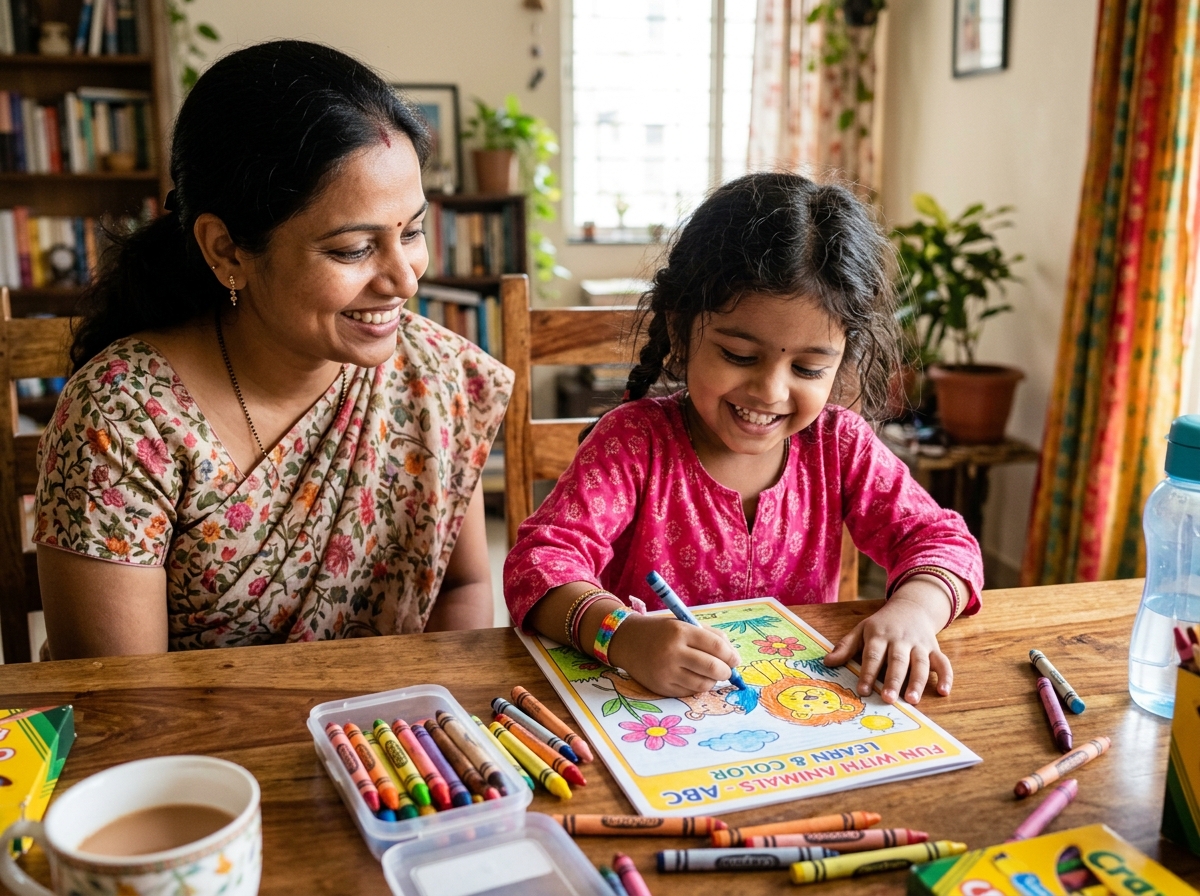 Child happily coloring printed worksheets with crayons